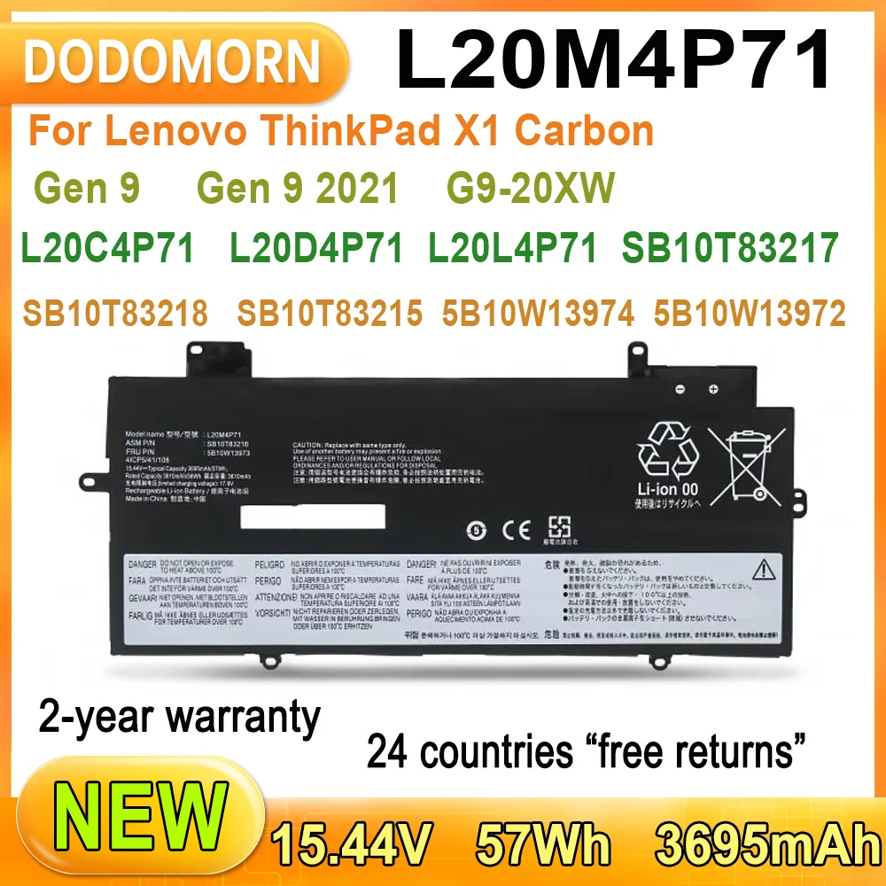 Новый аккумулятор для ноутбука L20M4P71 Lenovo ThinkPad X1 Carbon Gen 9 2021 G9-20XW L20L4P71 L20D4P71 L20C4P71 SB10T83217