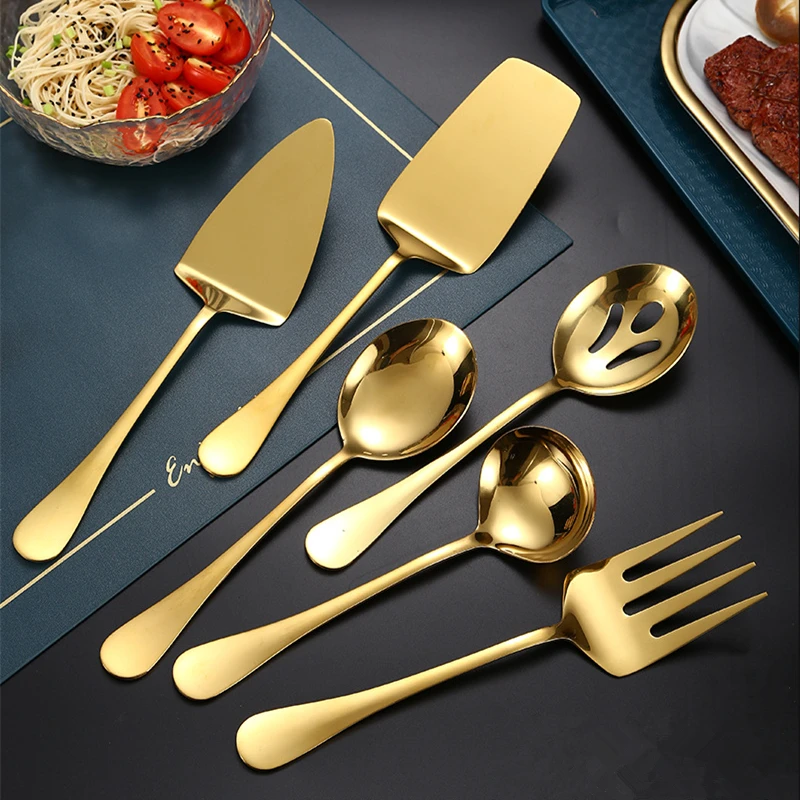 

Gold Stainless Steel Western Tableware Fork Serving Spoon Shovel Set Portable Cutlery Dinnerware for Steak Kitchen Utensils