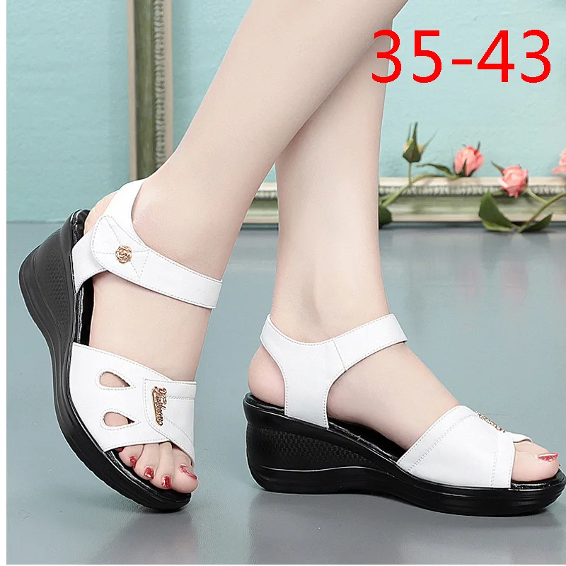 Wedge heel flat leather colorblock sandals middle-aged and elderly fish mouth shoes