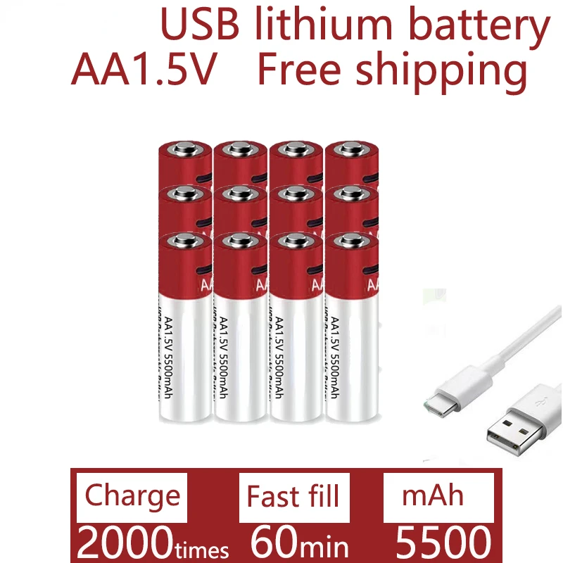 

New2021 USB AA Rechargeable Batteries 1.5V 5500 mAh li-ion battery for remote control mouseElectric toy battery + Type-C Cable