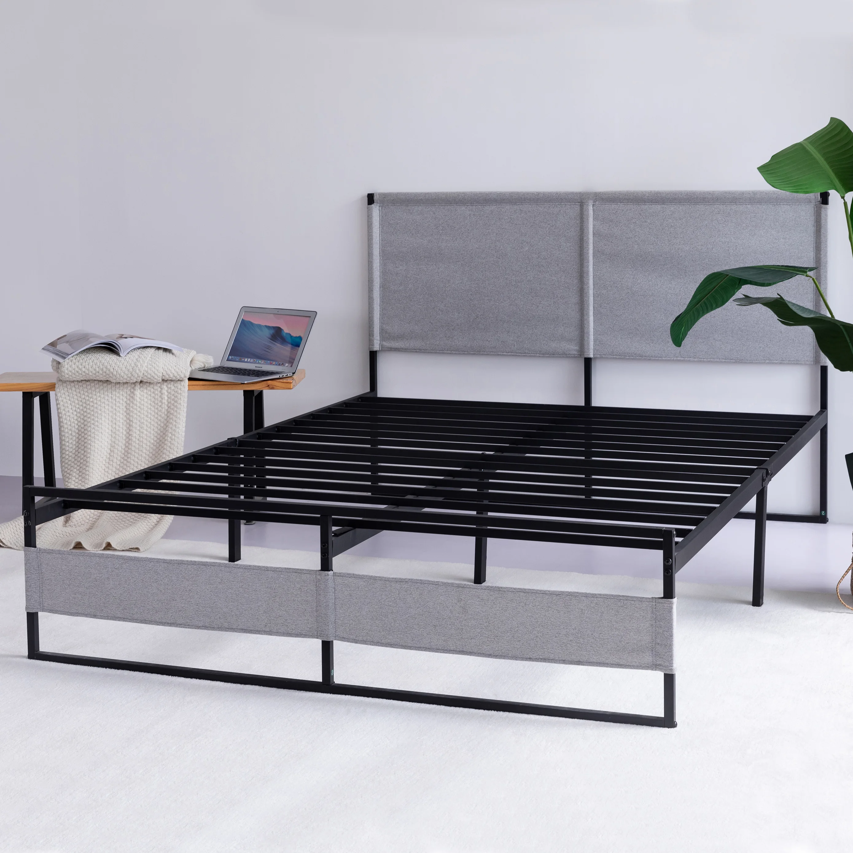 With Headboard And Footboard Mattress Platform With 12 Inch Storage Space Black Grey [us-w]