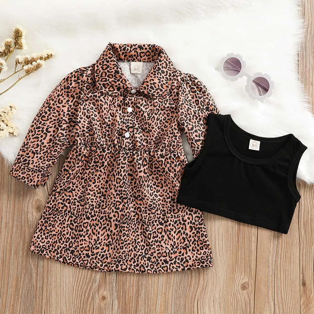 

Kids Outfit Dresses 2022 New Autumn and Winter Fashion Leopard Print Dress Black Vest Two-piece Set for Kids Boutique Clothing