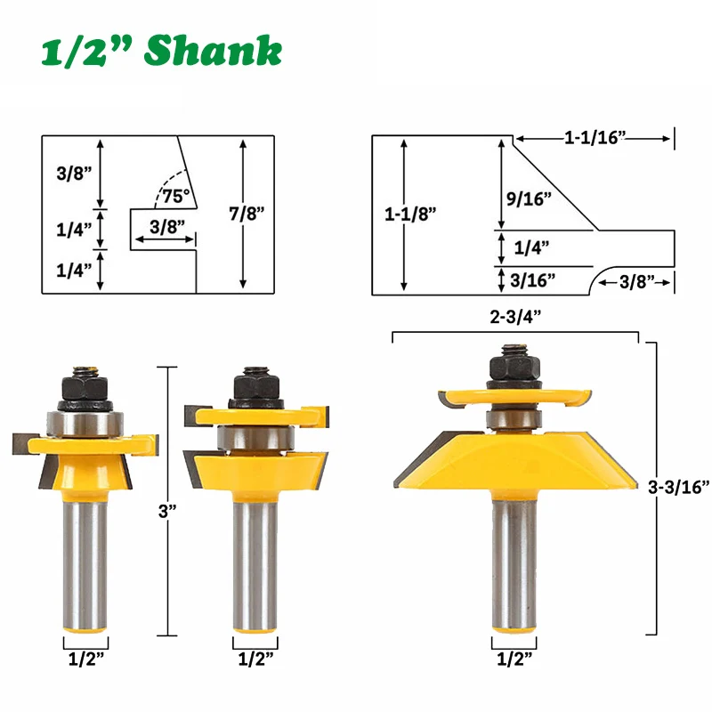 

3PC/Set 1/2" 12.7MM Shank Milling Cutter Wood Carving Rail Stile Router Bit Set Door Woodworking Cutter Mortise and Tenon Cutter