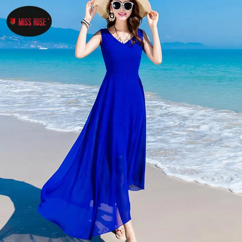 Женское шифоновое платье-макси без рукавов белое красное синее длинное платье в