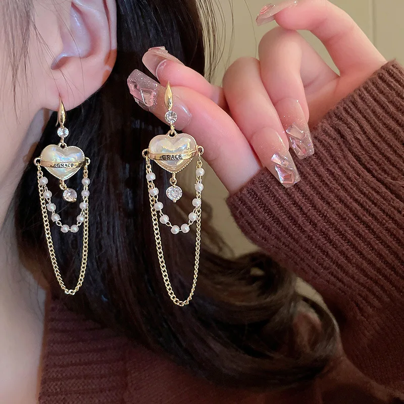 

Minar French Romantic AB Color Simulated Pearl Heart Long Chain Tassel Earring for Women Rhinestone Love Drop Earrings Brinco