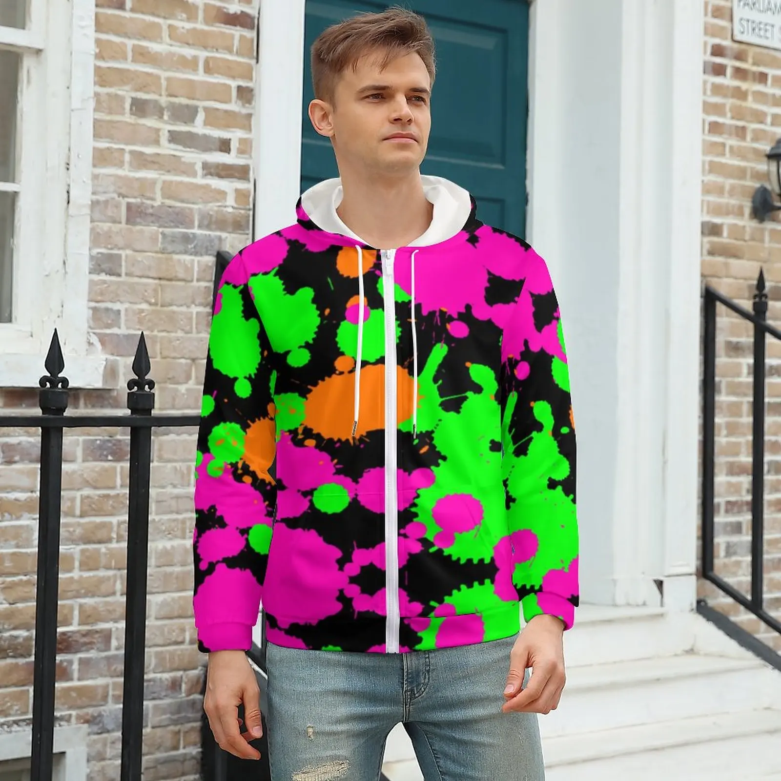 

Neon Paint Hoodies Graffiti Splatter Print Winter Polyester Hoodie Popular Zip Up Hoodie For Men Plus Size