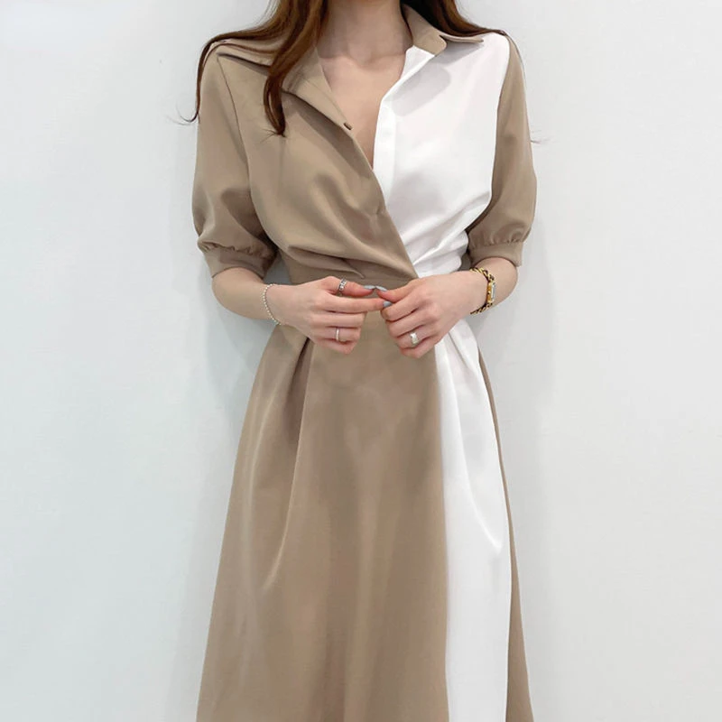 

Short Puff Sleeve Dress Women Patchwork Fashion Turn Down Collar Simple Korean Style Mid-calf Tunic Female Popular All Match Ins