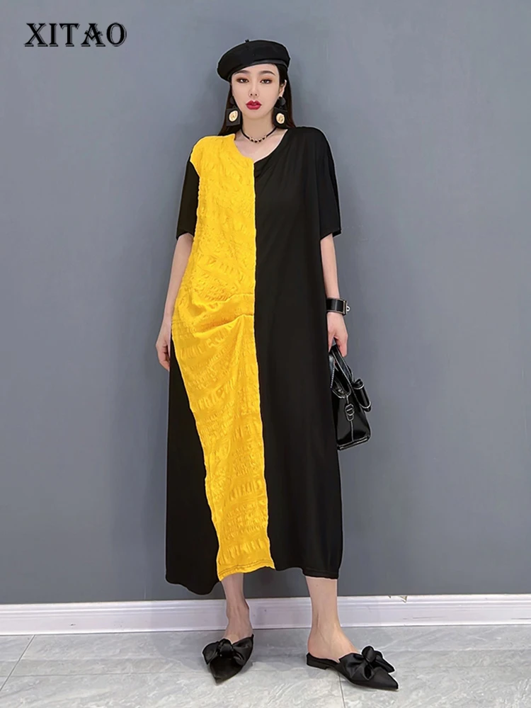 

XITAO Asymmetrical Dress Women Korea 2022 Summer New Arrival Personality Fashion Loose O-neck Short Sleeve Dress WLD6965