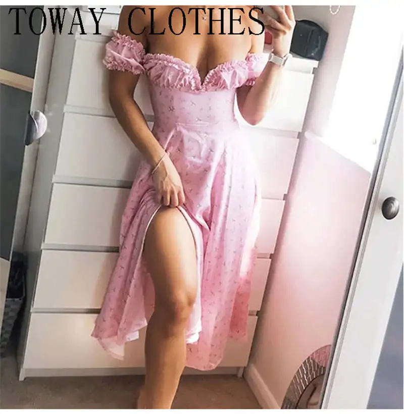 Женское платье с открытыми плечами и цветочным принтом, миди-платье с оборками и Боковым Разрезом для отпуска, 2022