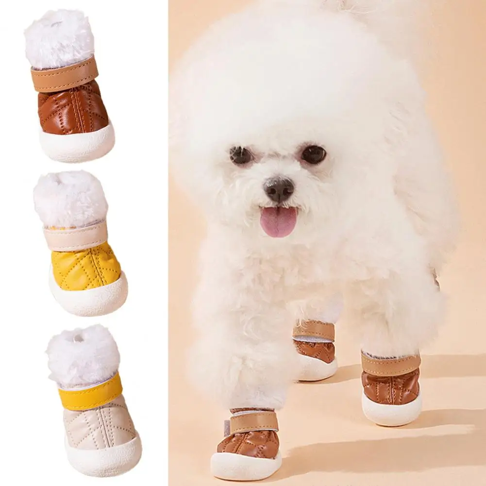 

4Pcs Pet Dog Shoes Adjustable Windproof Fastener Tape Design Keep Warm Plush Small Dog Winter Thicken Snow Boots Pet Supplies