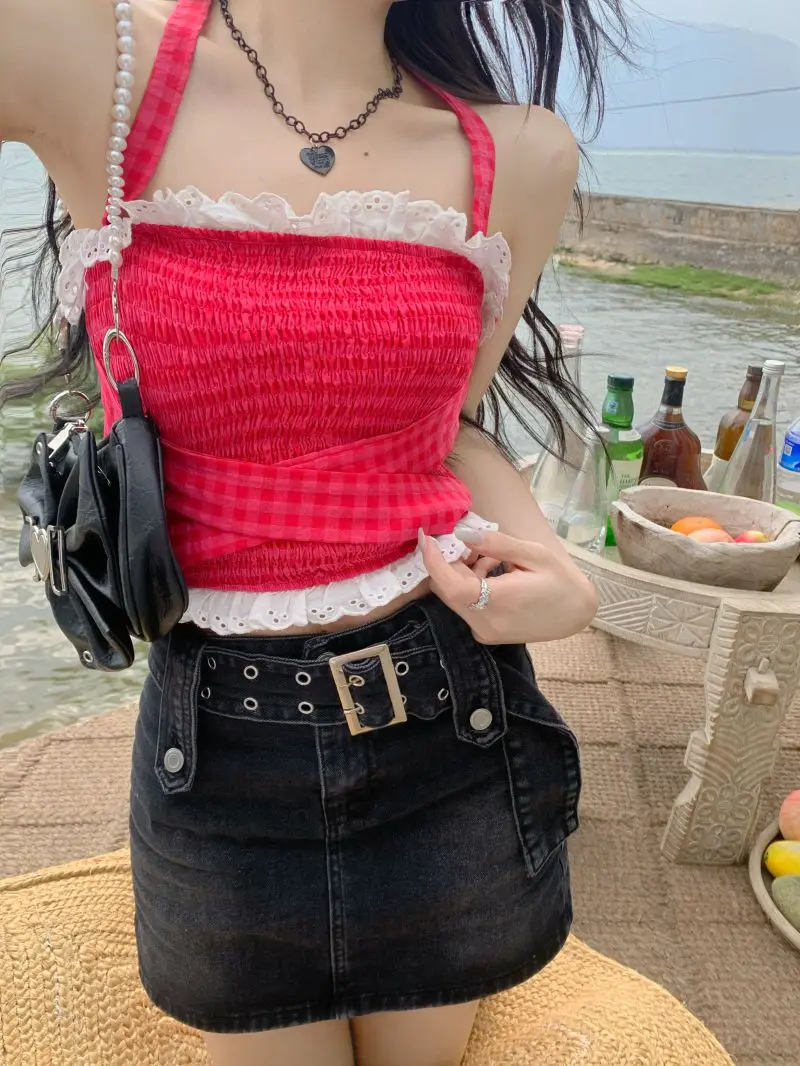 

Клетчатый милый пляжный жилет с бантом, Летние Стильные топы, модные блузки 2022, дешевая винтажная одежда для женщин, женская одежда, кавайна...