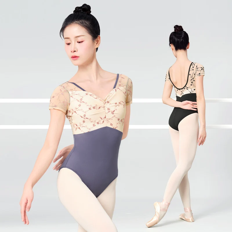 

Ballet Leotards for Women Embroidery Square Collar Dance Leotards Nylon Splice Ballet Bodysuit Short Sleeve Gymnastics Leotards