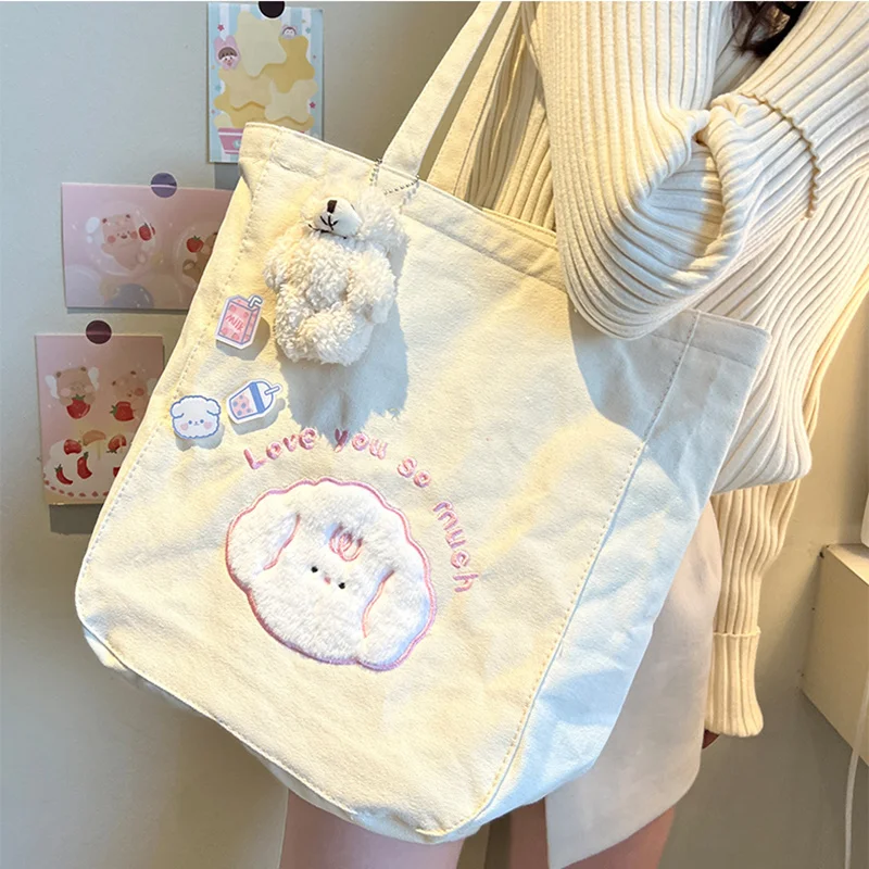 

Cartoon Shoulder Bag Women Canvas Large Capacity Cute Shopper Bags Girls Ins 2023 Casual Book Storage Schoolbag for Student