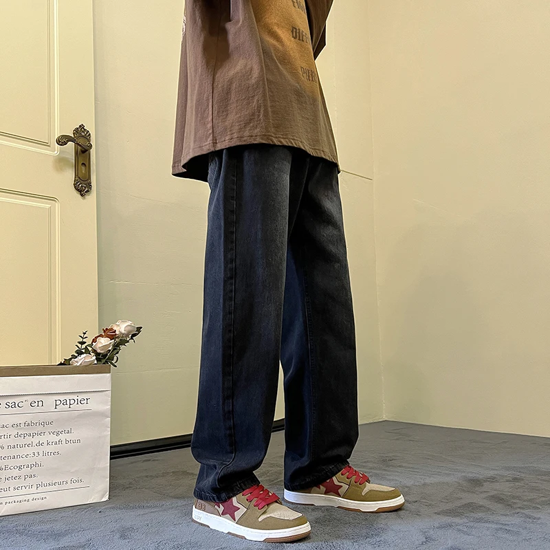 Four Seasons American High Street Jeans Men's Trend Simple Versatile Loose Wide Legs Casual Straight Pants Ins Hot Sale Cotton