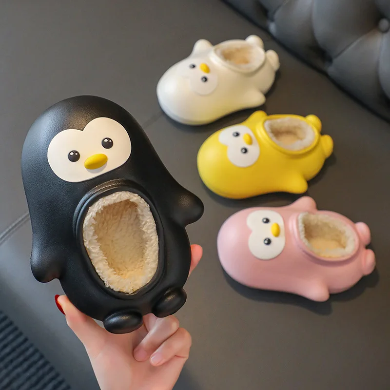 Kids Winter Slippers Cute Penguin Baby Plush Warm Slippers Child Indoor Cotton Shoes Non Slip Waterproof Boys Girls Furry Slides
