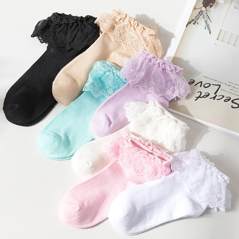 Lolita Frilly Socks Ruffle Princess Cotton Ankle Socks Ladies Girl's Lace Soft Comfortable Candy Color Middle Tube Hoseiry