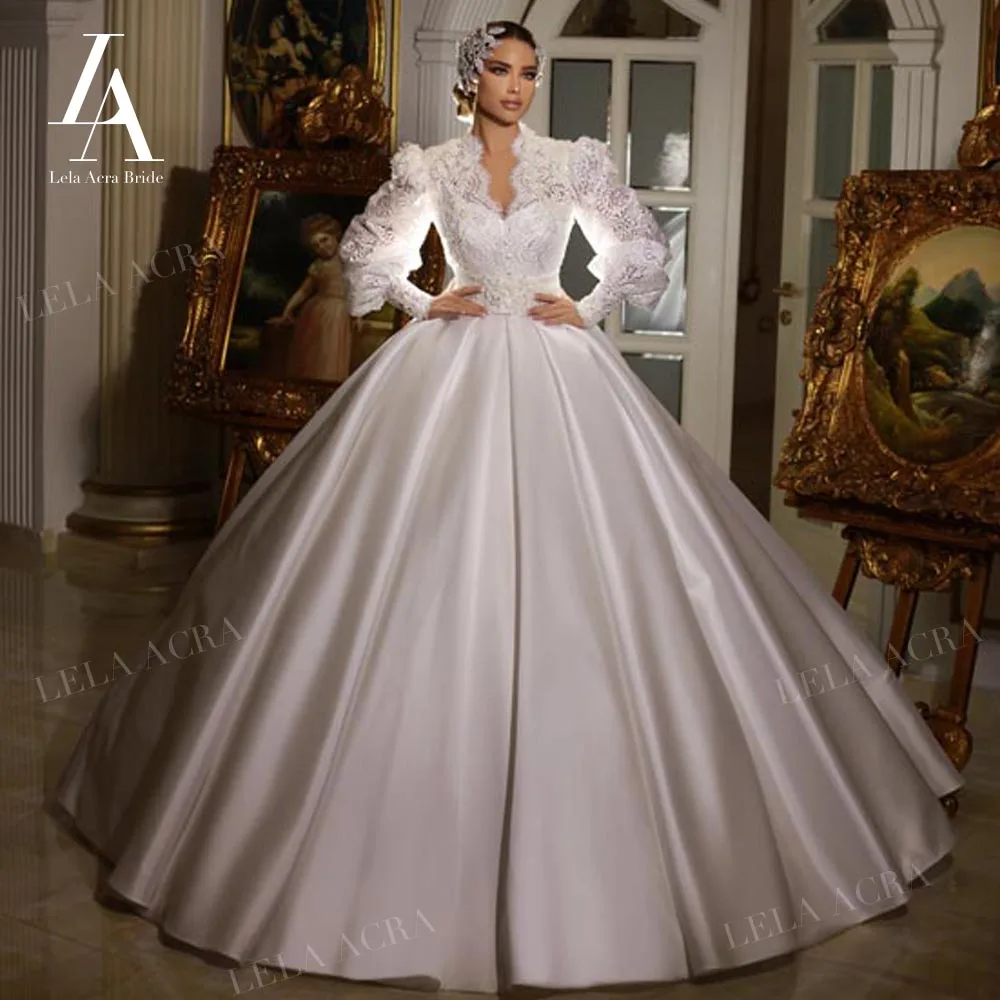 

LelaAcra Satin Sweetheart Wedding Dress 2022 2 In 1 With Sleeve Court Train Princess Bride Gowns SF07 Plus Size Vestido de Noiva
