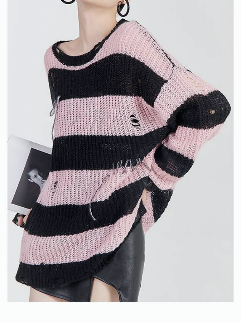 

Korean Street Wear Round Neck Striped Tattered Knit Pullover 2022 Autumn New Commuter Long Sleeve Loose Top Women