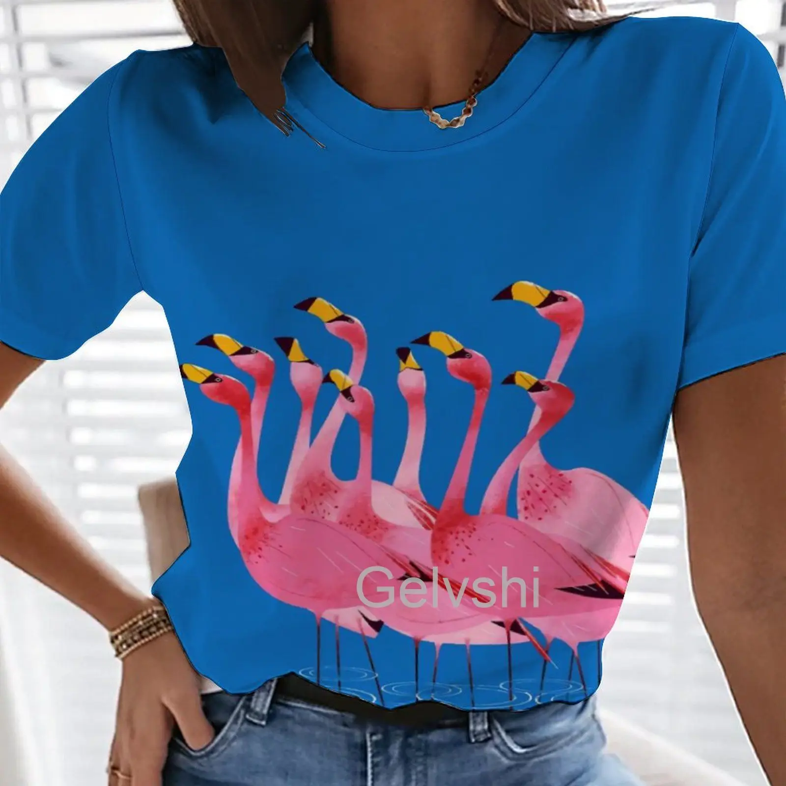 

Футболки с 3D-принтом фламинго, женская футболка с круглым вырезом в виде милых животных, топы, повседневная женская футболка оверсайз с коро...