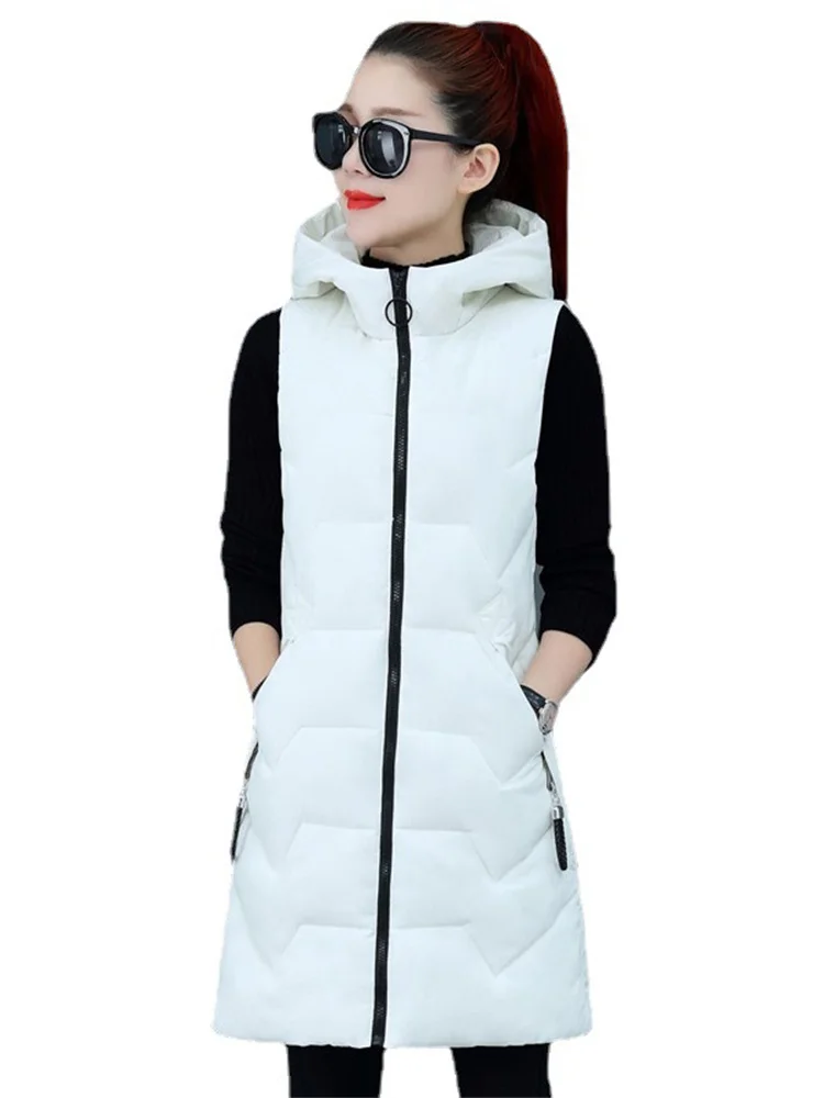 

Женский Длинный жилет без рукавов, белый облегающий хлопковый жилет с капюшоном, на осень/зиму, N1530, 2023