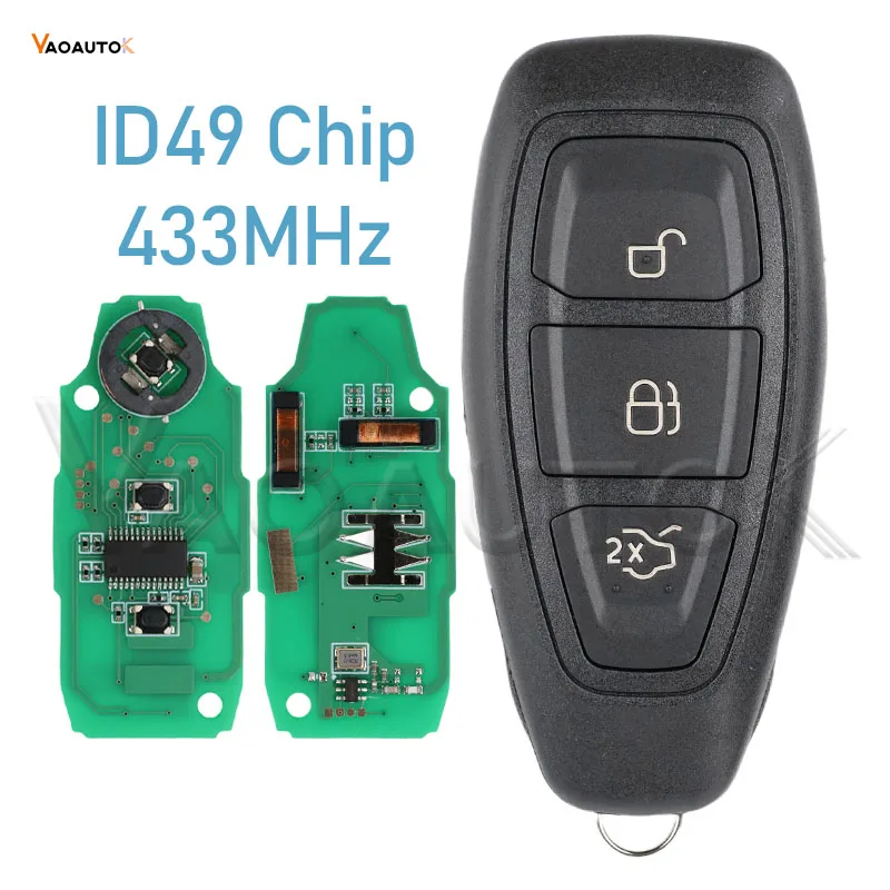 

Умный дистанционный ключ от машины для Ford Focus Kuga Fiesta C-Max Mondeo B-Max, 3 кнопки, бесключевой датчик, 433 МГц, ID83, 49 чипов, лезвие HU101
