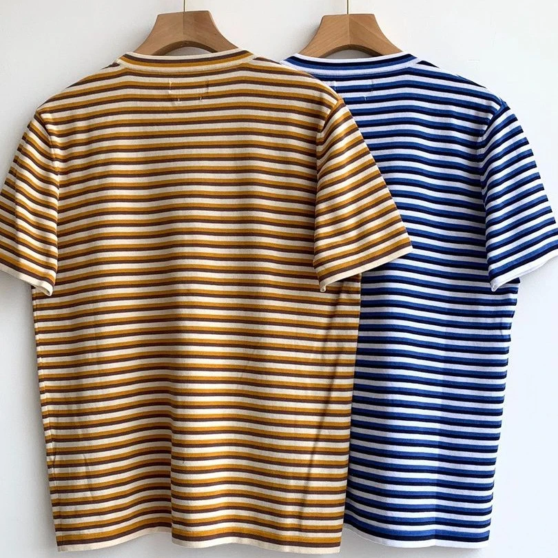 

Women Cotton Linen Knit Stripes T-shirt Short Sleeve Casual O-neck Fashion Ladies Pullover knitwear