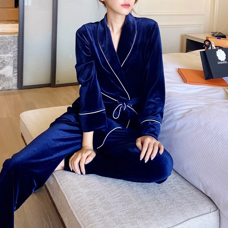 Women's 2PCS Outfits Golden Velvet Pyjamas With Belt Female Winter Nightwear Nightgown Set Fashion Sleepwear Homewear