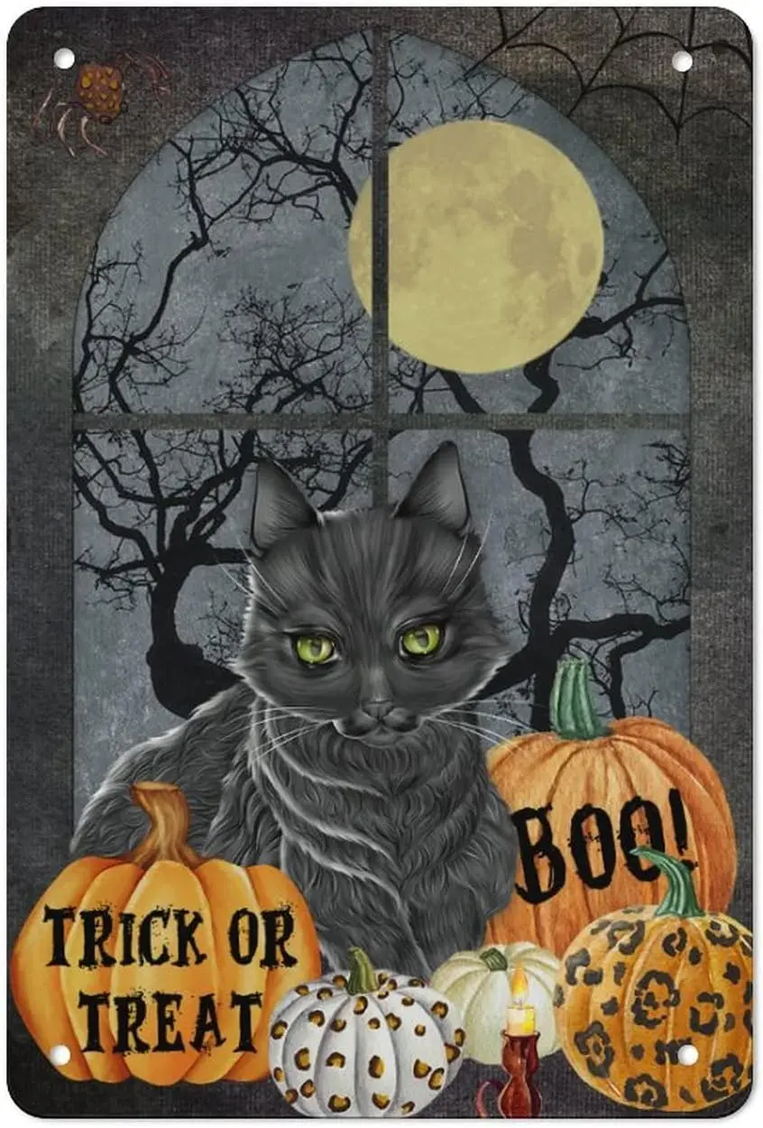 WengBeauty Ретро жестяная вывеска Хэллоуин Назад Кот Кошелек или жизнь Boo Тыква