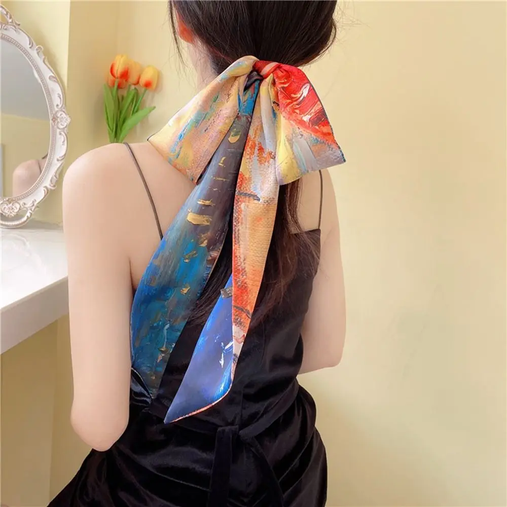 

Retro Oil Painting Womens Twilly Silk Scarf Fashion Satin Hair Bandanas Headband Long Skinny Scarves Bag Accessories