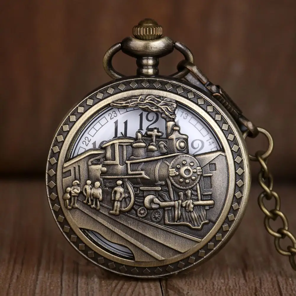 

Antique Skeleton Pocket Watches Men Women Fashion Quartz Clock Bronze Train Design Alloy Pocket Watch With Chain Necklace