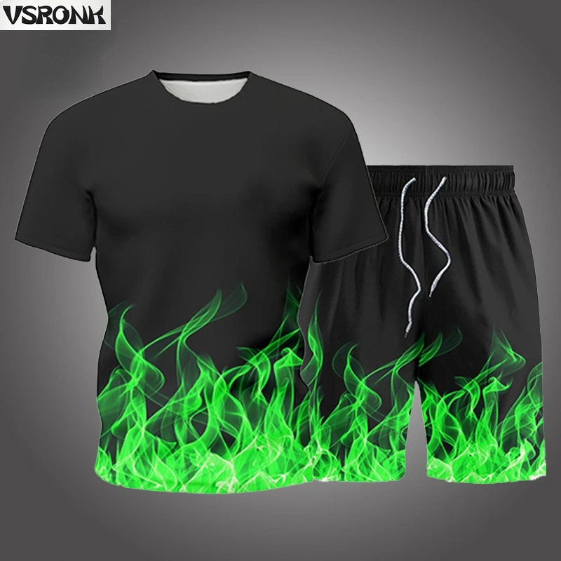 

Summer New Men's Sets Mens 2 Piece Outfit Sweat Suits Men Flame 3D Print T-Shirt+Shorts Male Sportswear Casual Fashion Tracksuit