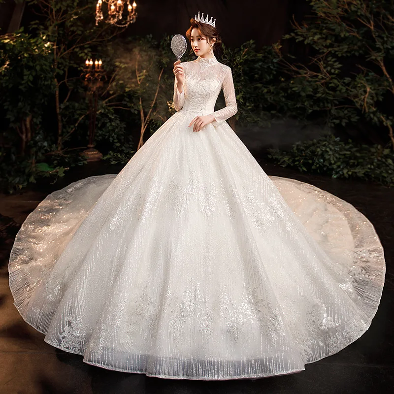 

Long Sleeve Ball Gown Wedding Dress High Neck Chapel Train Appliques Sparkly Vestido De Noiva Beading Sequins Princess Trouwjurk