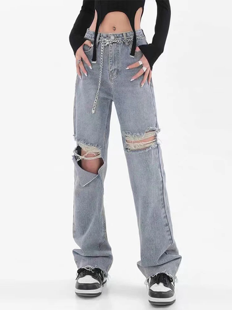 Женские рваные джинсы с высокой талией винтажные прямые мешковатые джинсовые