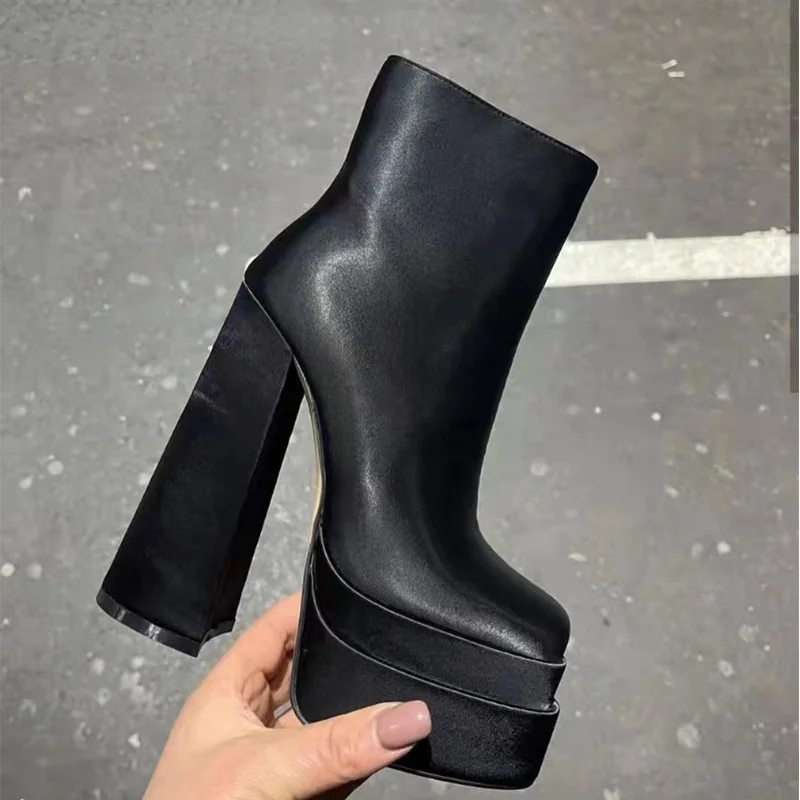 

2022Women Boots 15CM High Heels Square Toe Big Size 43 Party Shoes Stain Dress Shoes Platform Chunky Heeled Ankle Boot