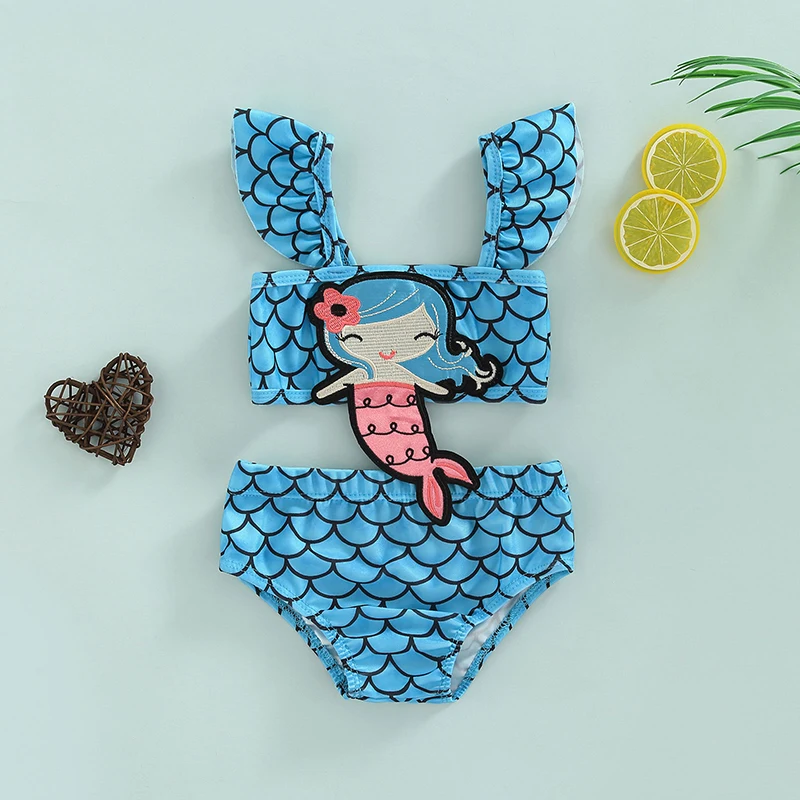 

Baby Girl 2 Piece Blue Flying Sleeve Fish Scale Print Split Swimsuit Print Flying Sleeve Top With Casual Beach Shorts Swimwear