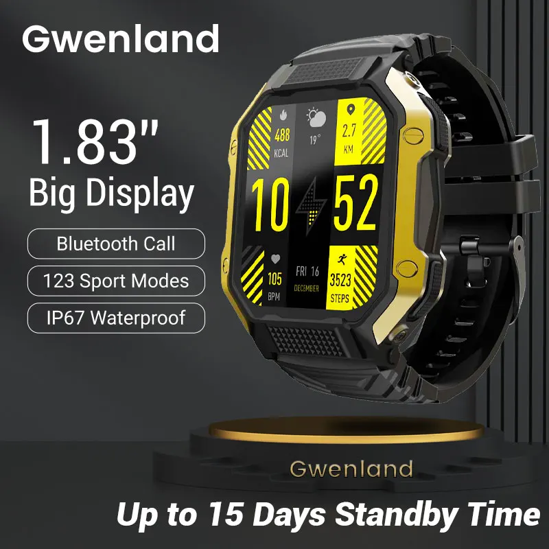 

Gwenland Military Smart Watches for Men 123 Sports Modes 1.83inch IP67 Waterproof with BT Call Fitness Tracker Smartwatch