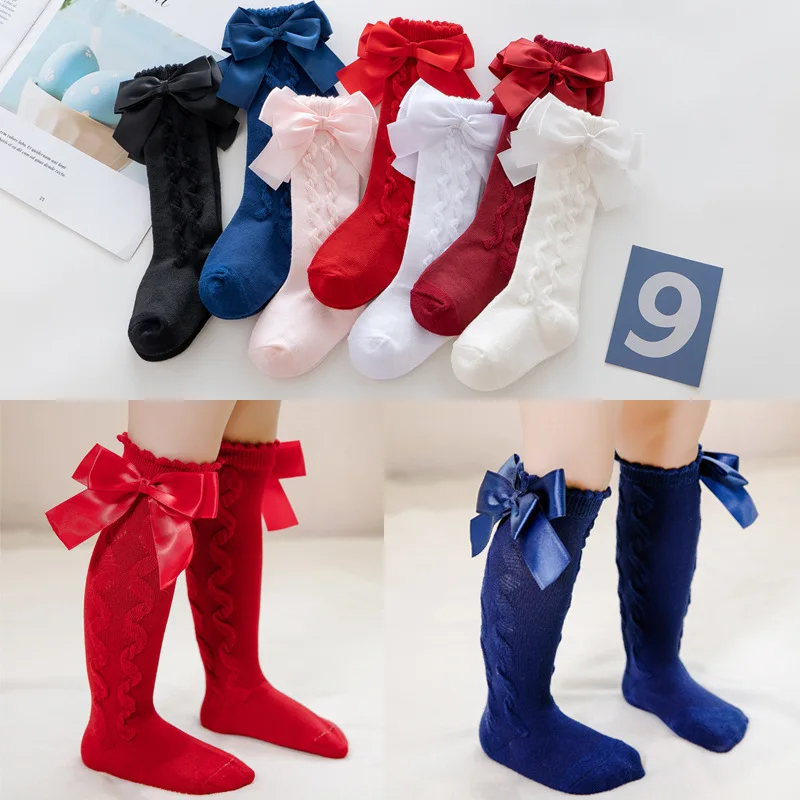 

New Kids Knee High Socks Baby Girls Cotton Socks With Big Bow Soft Toddlers Princess Children Long Socken For 0-3 Years