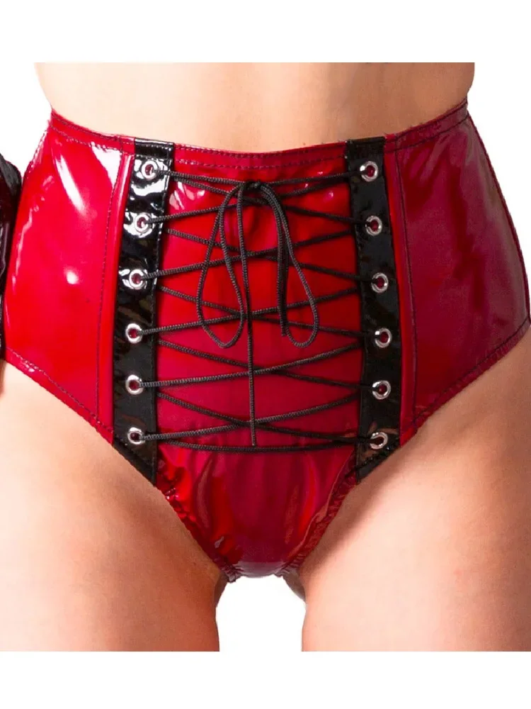 S-3XL Блестящие шорты из искусственной кожи с высокой талией и заклепками