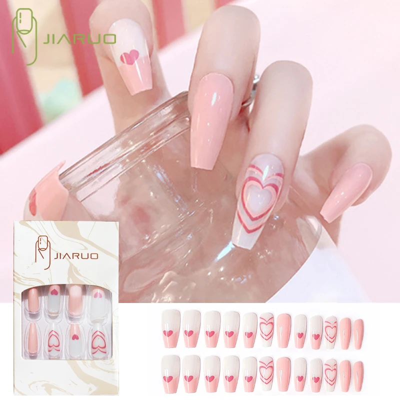 JIARUO 24PCS Long Coffin Press on Nail Art Acrylic Fake Nails Y2k with Desig False Full Cover Artificial Tip Manicure Tool |