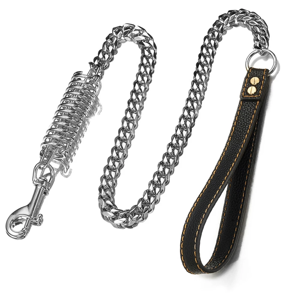 

39" Safety Anti Lost Stainless Steel With Damping Spring Dog Leash Practical Large Pet Thick Collar Walking Curb Chain Training