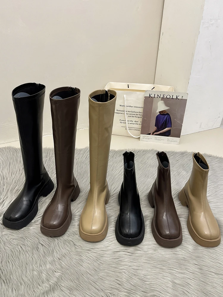 

Женские кроссовки на платформе и толстом каблуке, однотонные тканевые кроссовки выше колена из искусственной кожи на среднем каблуке, с кру...