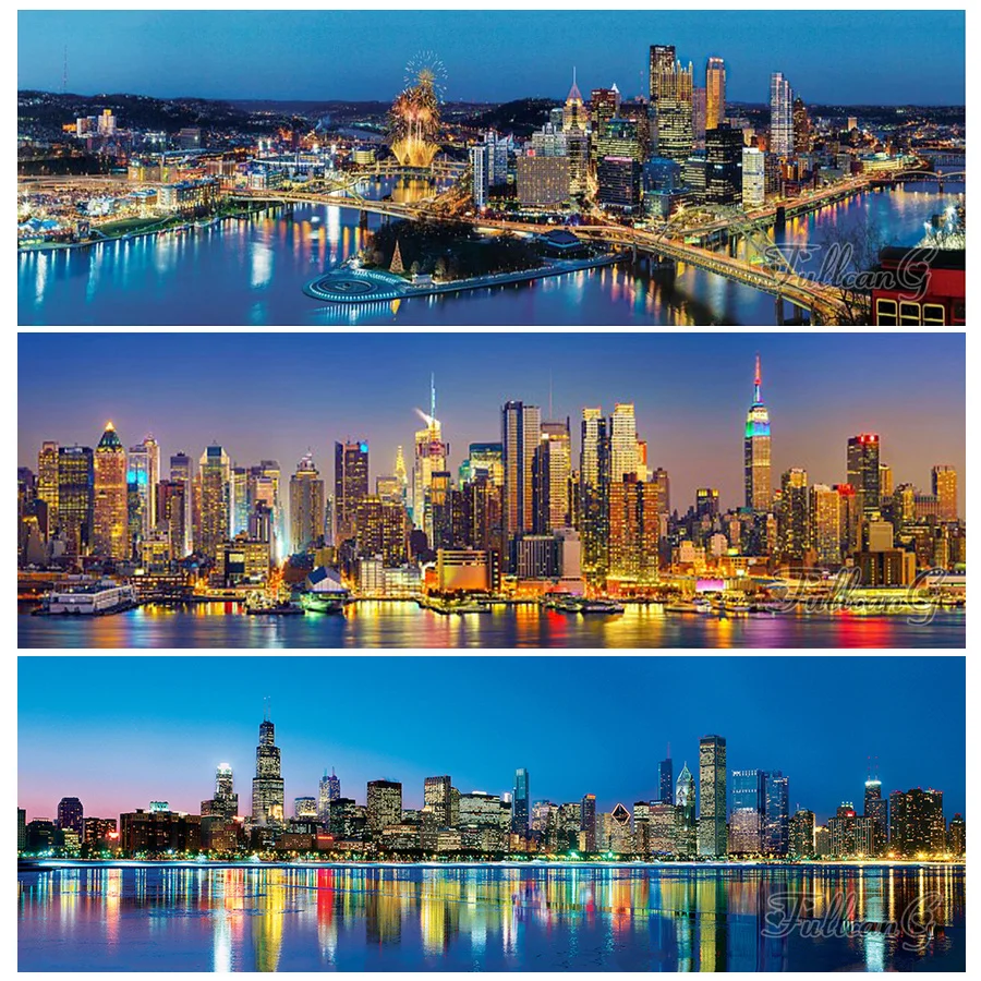 

Large Size Scenery Diamond Painting Cross Stitch Chicago Picture Diy Mosaic Embroidery New York City Buildings Home Decor AA3970