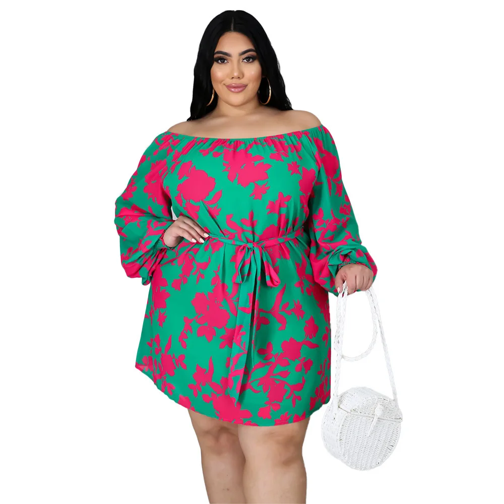 Plus Size Dresses for Women Clothing Sexy Loose Print Long Sleeve One Word Collar Mini Dress Whole 3xl 4xl 5xl 6xl