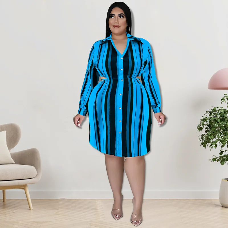 Plus Size Dress Turn-down Collar Stripe Long Sleeve Shirt Knee-length Elegant Dresses for Women Party Dresses Office Lady Full