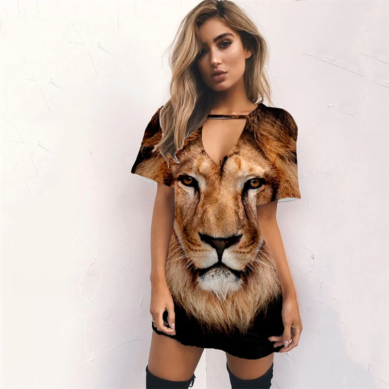 

Lion Knee Skirt Summer New Miniskirt Women's T-shirt Fashion Casual Wear V-Neck Short Sleeve Sexy Women's Sunskirt Simple Style