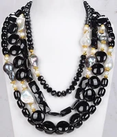 HABITOO 19-26"4 Strands Natural White Keshi Pearl Black Onyx Necklace Jewelry Chains Necklace for Woman Choker Chain