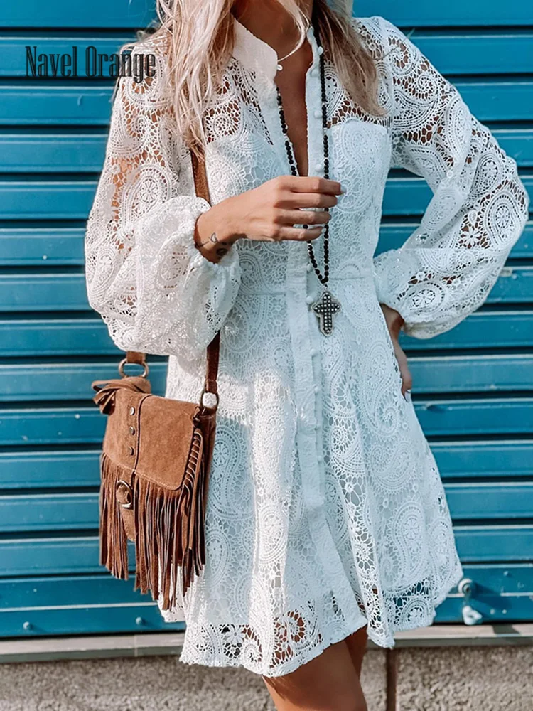 

Новинка 2022, женское сексуальное однотонное вечернее платье с круглым вырезом, милое женское мини-платье с длинным рукавом и кружевом, карди...