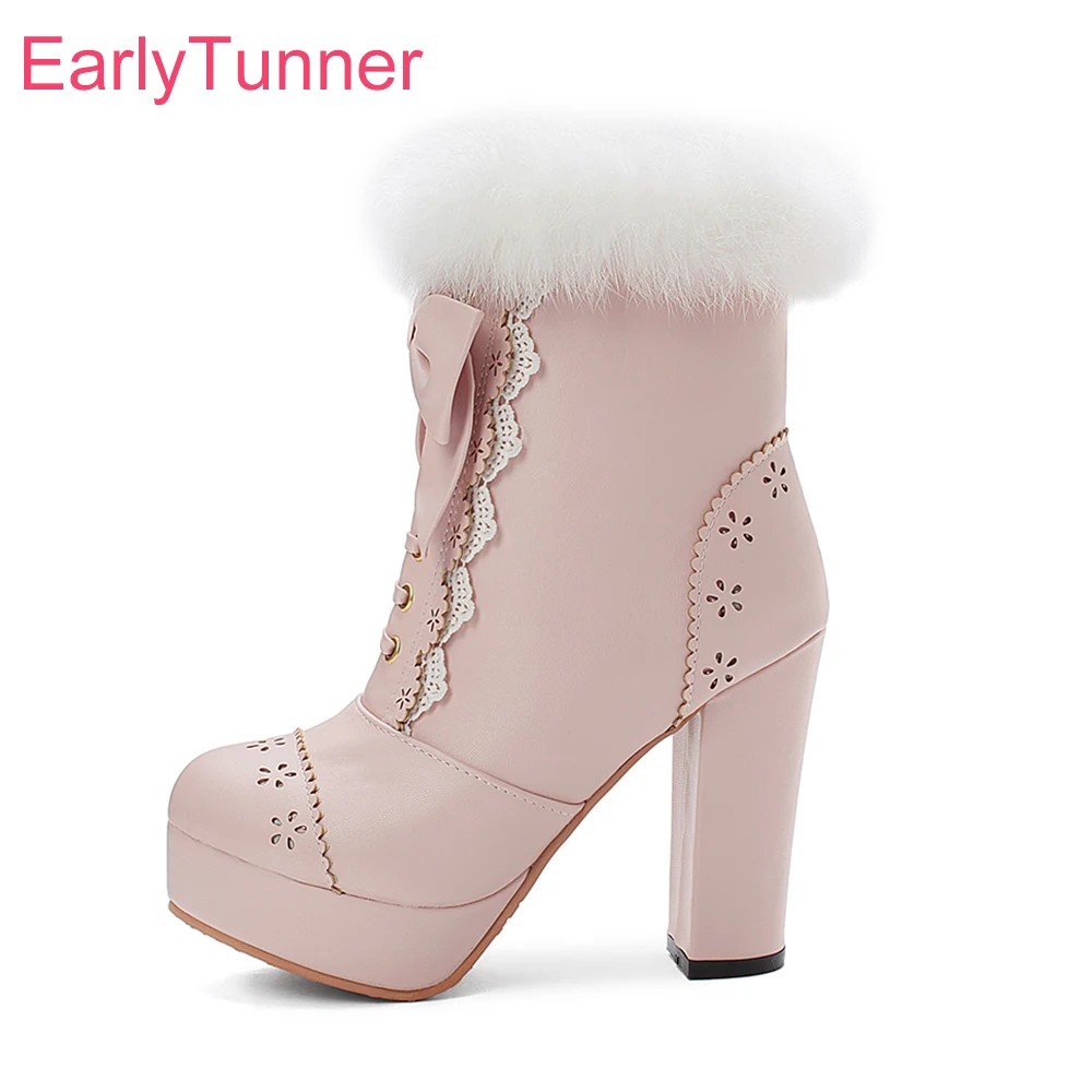 

Brand New Comfortable Pink White Women Ankle Furry Boots Sexy Super High Heels Lady Shoes ES759 Plus Big Size 11 43 46 48