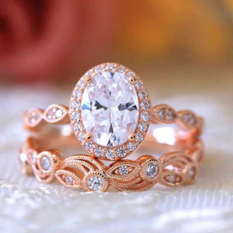 

Milangirl High Quality Oval White Zirconia Crystal Female Zinc Alloy Ring Sets for Women Bridal Engagement Jewelry