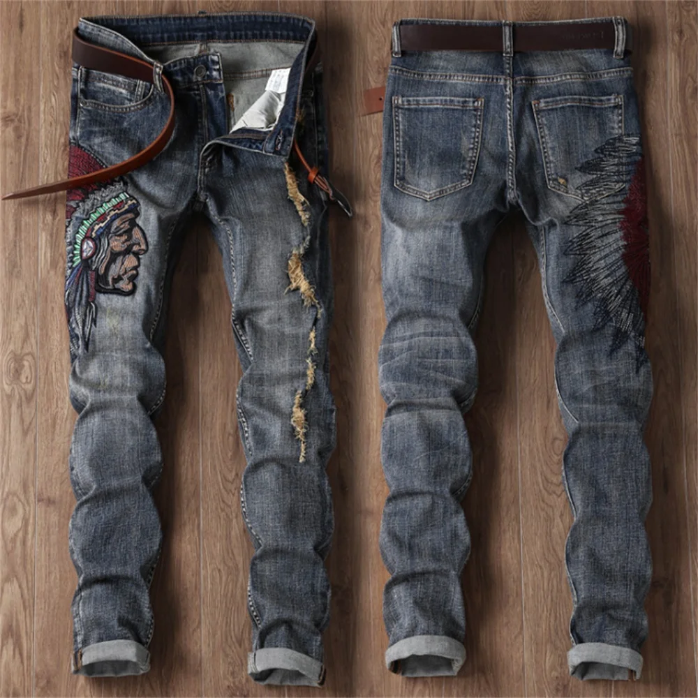 Indian Avatar Embroidered Jeans Men Scratch Long Cracks High Street Pants Soft Red Ears Blue Grey Slim 2022 Western Style